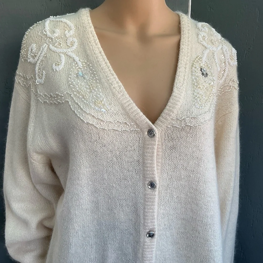 Vintage Robinson Silk Rabbit Hair Lambswool Angora Embellish Cardigan Size 2X